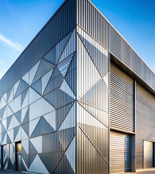 Metal walls of industrial building. Pitched roof. Abstract modern architecture of warehouse in minimal style. Material geometric pattern with triangles, polygons, angular structure