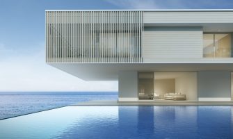 Perspective of modern house with swimming pool on sea background, Exterior. 3d rendering